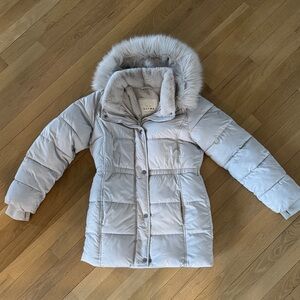 A & F girls ultra Light Gray Faux Fur Trim Puffer Coat